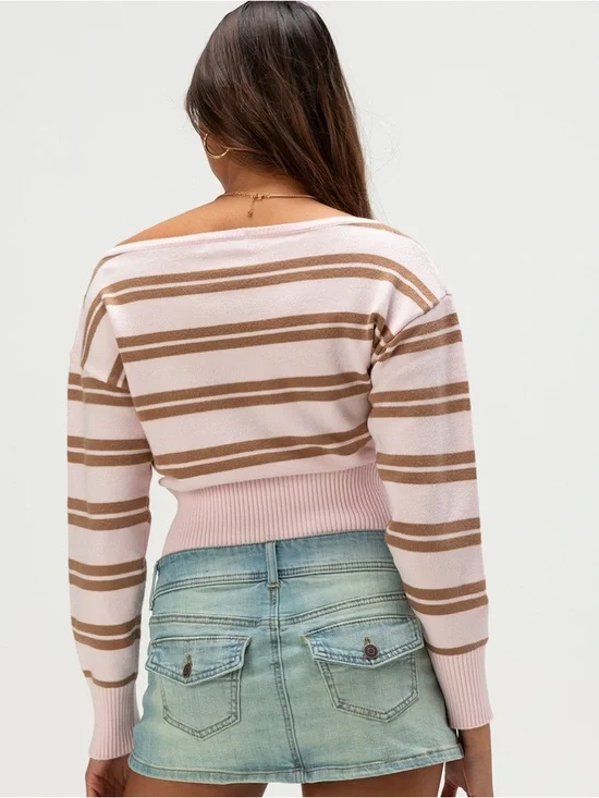 RSQ Pink & Brown Off The Shoulder Stripe Sweater Small - Picture 4 of 8